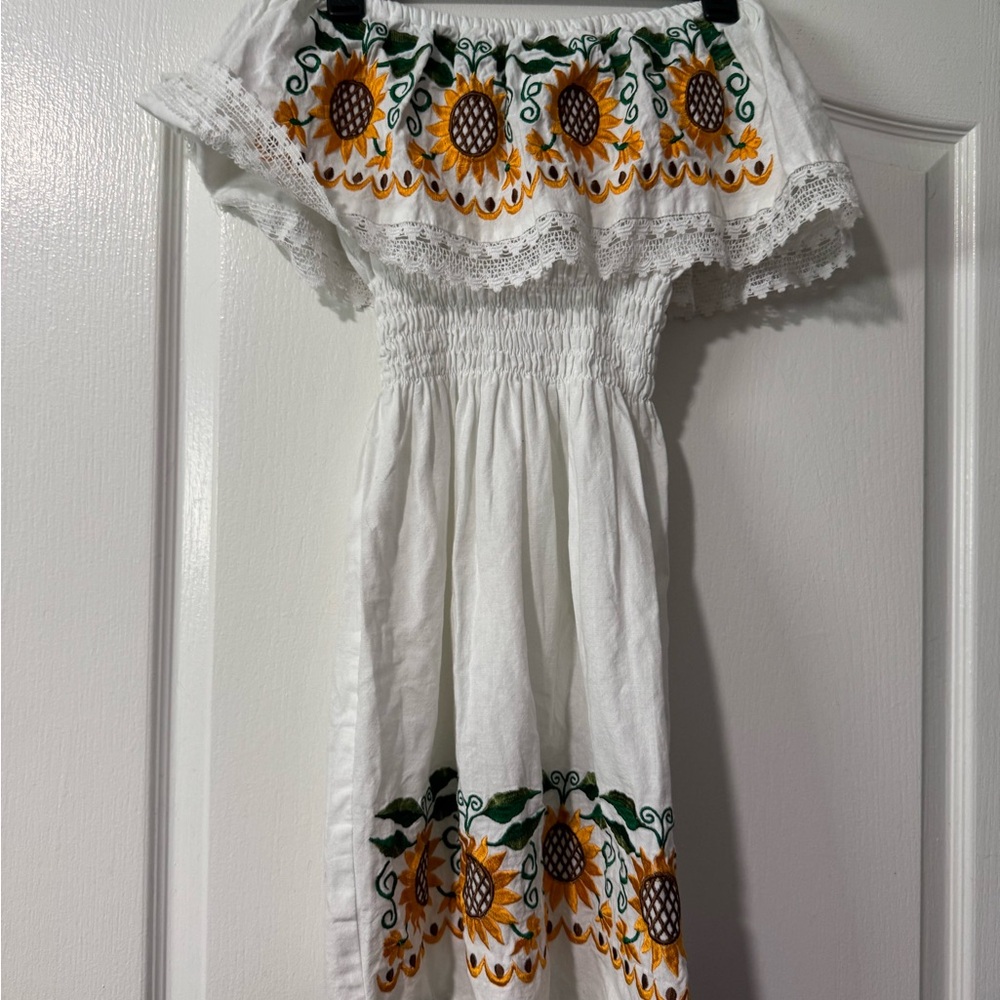 White Off-Shoulder Dress with Sunflower Embroidery